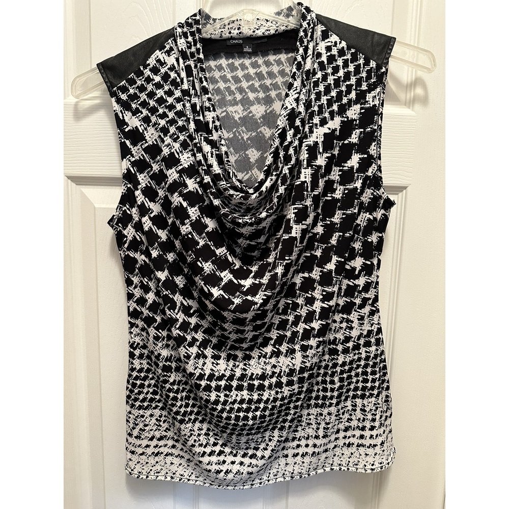 Chaus Womens Small Blouse Black Faux Leather Accent S Pullover Top